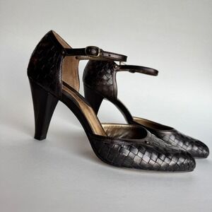 Antonio Melani Woven Leather Ankle Strap Heels Bronze Brown 7M Pump